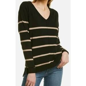 Bobeau V-Neck Front Seam Striped Pullover Knit Top Sz Large in Black Oatmeal NWT